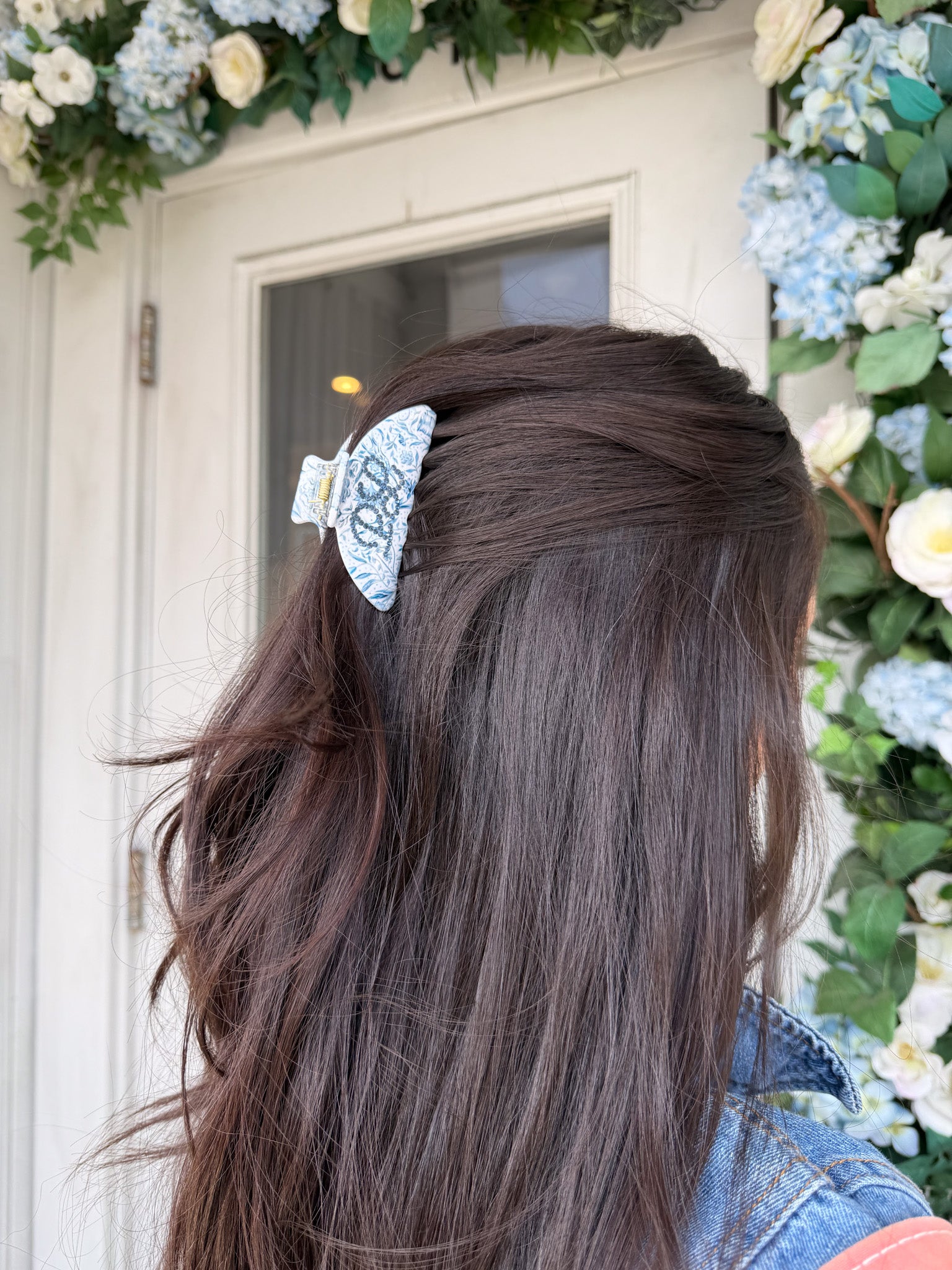 Blue Needlepoint Print Claw Clip - Small with Rhinestone