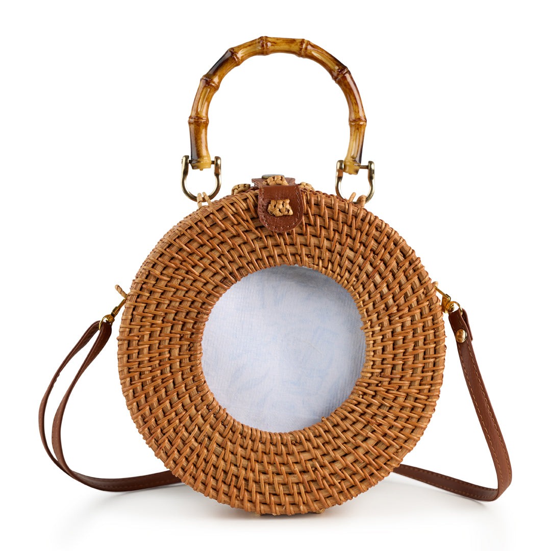 Natural 4x4 Round Wicker Bag with Bamboo Handle