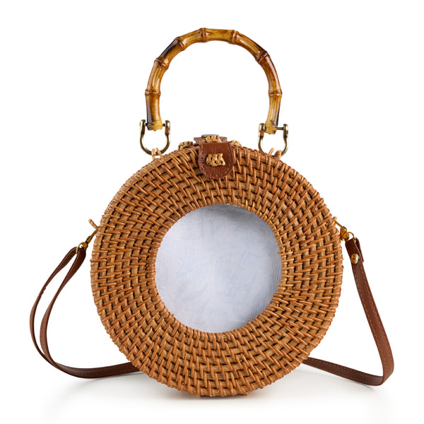 Natural 4x4 Round Wicker Bag with Bamboo Handle