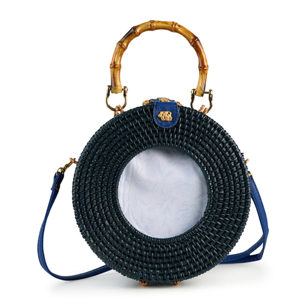 Navy 4x4 Round Wicker Bag with Bamboo Handle