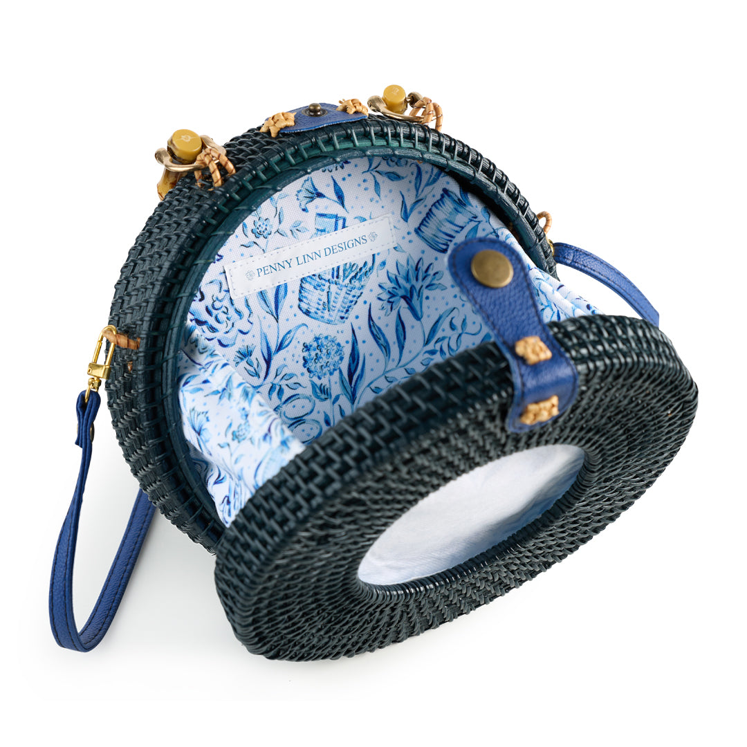 Navy 4x4 Round Wicker Bag with Bamboo Handle