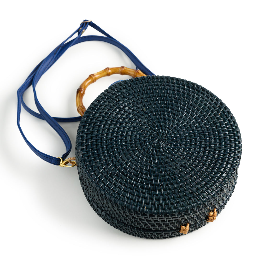 Navy 4x4 Round Wicker Bag with Bamboo Handle