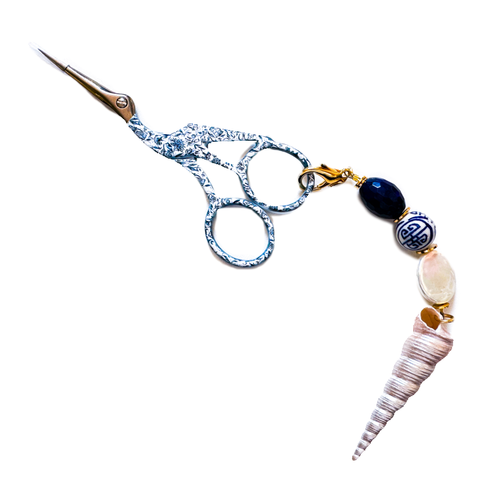 MOLLYBEADS Scissor Fob - Blue & White with Spiral Shell